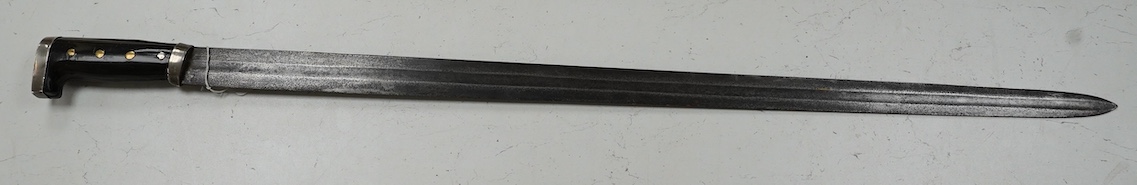 A Mexican sword machete, broad blade cut with a single fuller, with silver mounted horn hilt, blade 81cm. Condition - good
